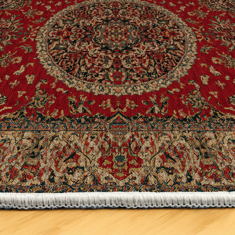 Guria Red/Brown Oriental Machine Printed Cotton Chenille Area Rug, Runner 2'8" x 7'3"