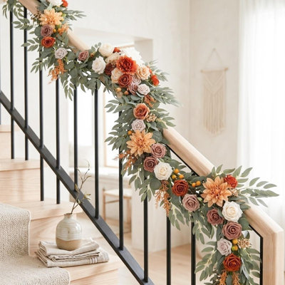 Flower Garland - 9FT Eucalyptus & Rose - Pink Sweetheart Table Decor for Wedding Reception, Artificial Floral Garland for Mantle, Thanksgiving, Christmas Decoration