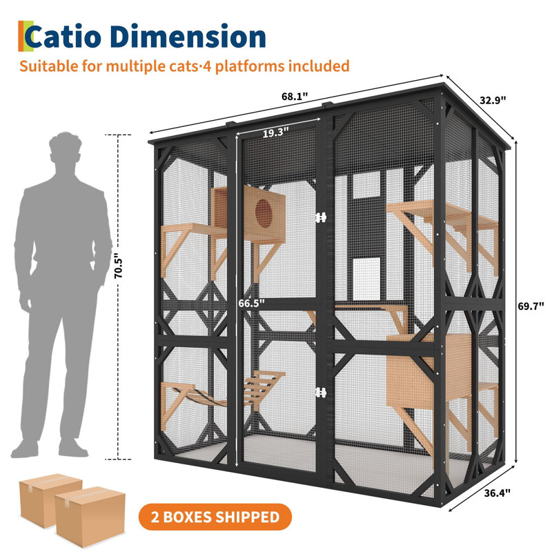 Enclos extérieur extra large de 178 cm avec fenêtre d'accès, comprenant 4 plateformes, 2 niches pour plusieurs chats et compatible avec le tunnel pour chat noir.