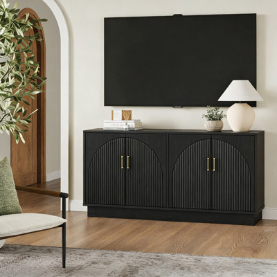 Meuble télé 65 po Mid-Century avec rangement, console multimédia pour téléviseur de 75 po ou moins, noir