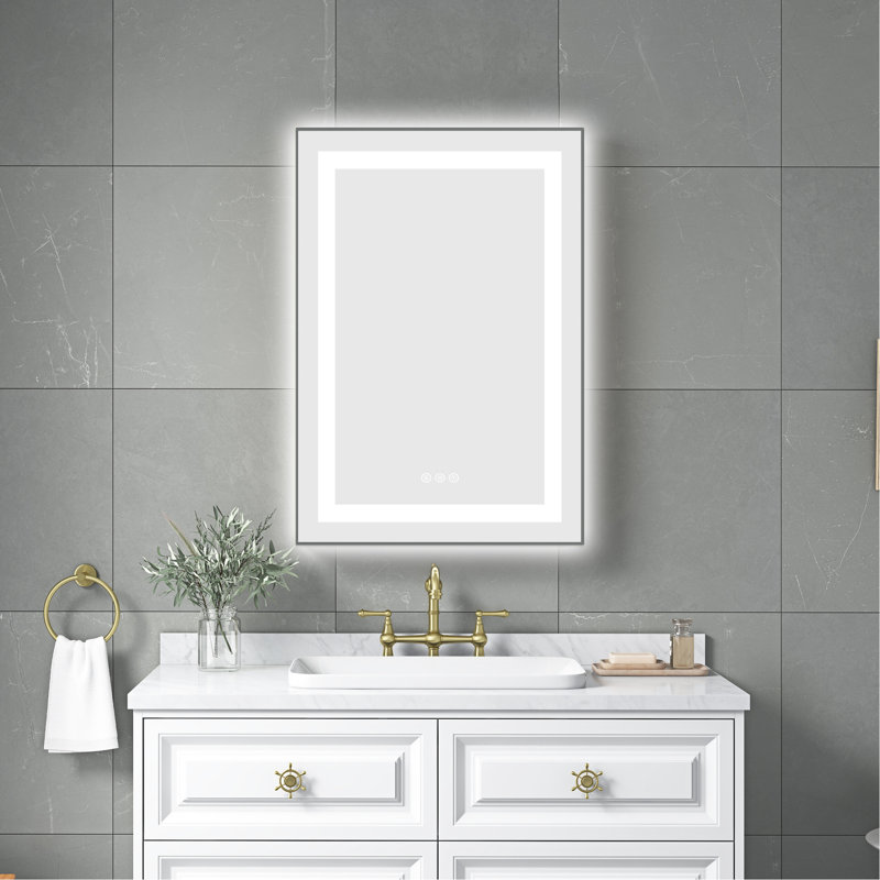 Miroir de salle de bain mural à DEL à brouillard tricolore à intensité variable 20 po x 32 po, cadre en aluminium, mémoire, couleur cendre, intensité variable 32 po,