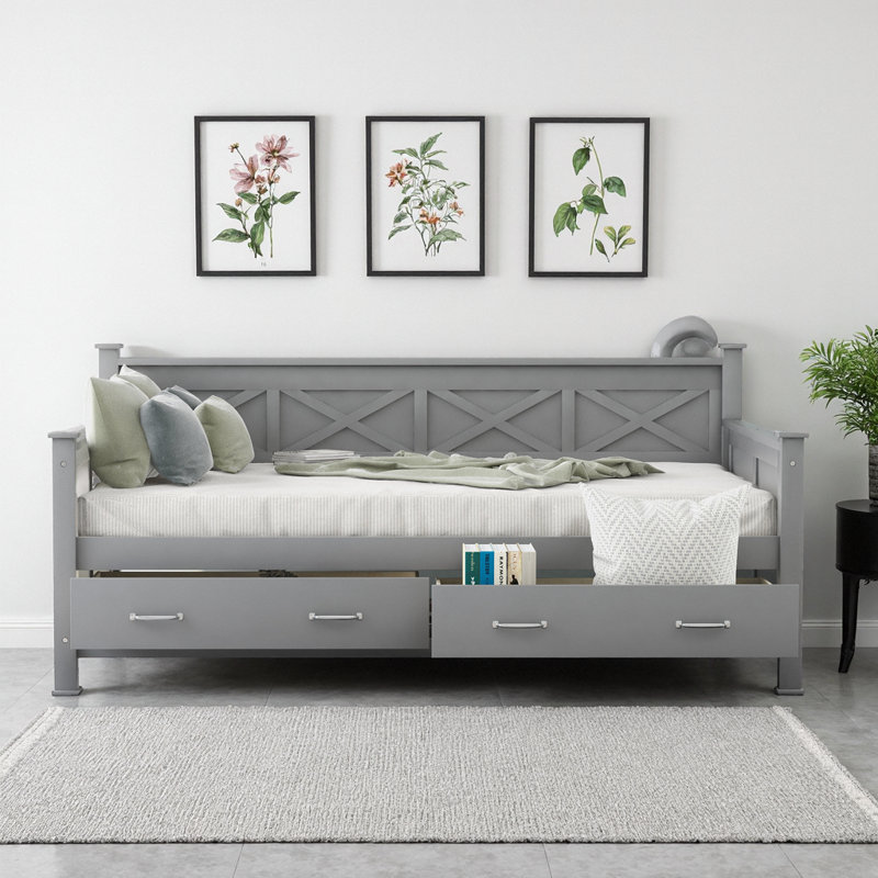 Lit de jour simple avec 2 grands tiroirs et structure en bois massif avec rangement en X - Style rustique moderne - Gris