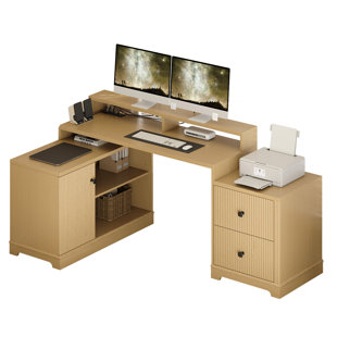 Fluted L-Shaped Home Office Desk With File Drawer & Built-In Charging Station