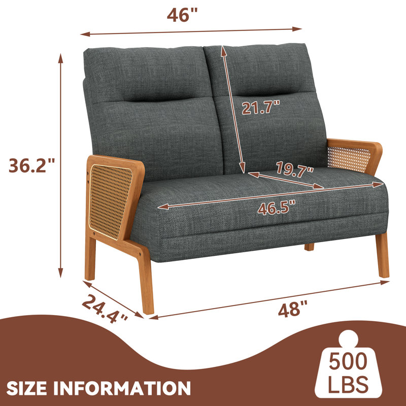 48" Upholstered Loveseat Sofa With Rattan Arms, Gray