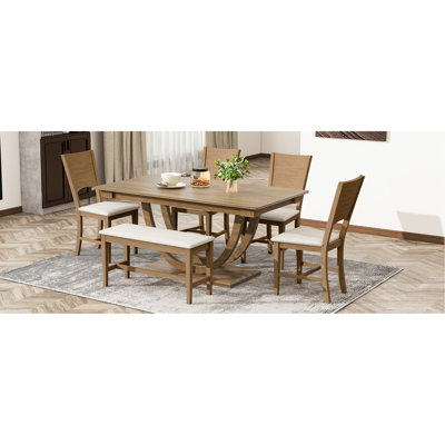 TOPMAX 6-Piece Wood Half Round Dining Table Set Kitchen Table Set with Long Bench and 4 Dining Chairs, Modern Style, Brown