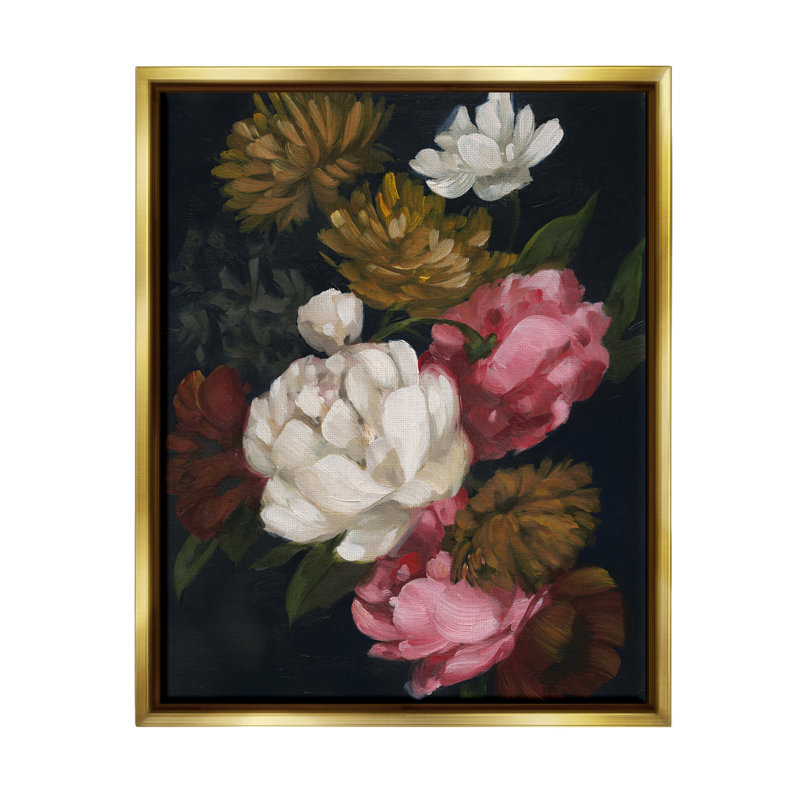 Arrangement de pivoines sur toile, Cadre flottant métallique doré, H 31 po x l 25 po
