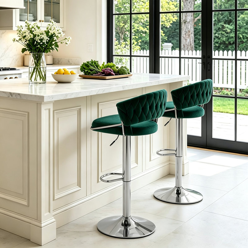 Christal Swivel Upholstered Adjustable Height Counter Stool, Dark Green, Silver