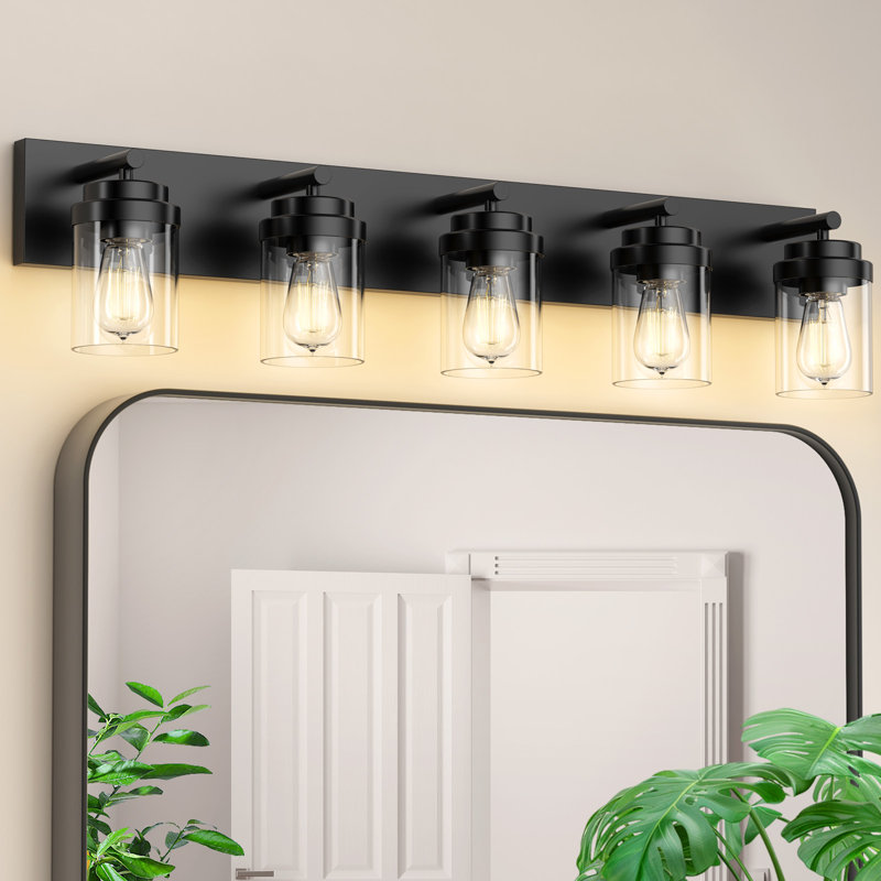 36 Inch 5-Light Bathroom Vanity Light, Matte Black Rustic Fixture Over Mirror With Clear Glass Shade, Clear, Matte Black, 5