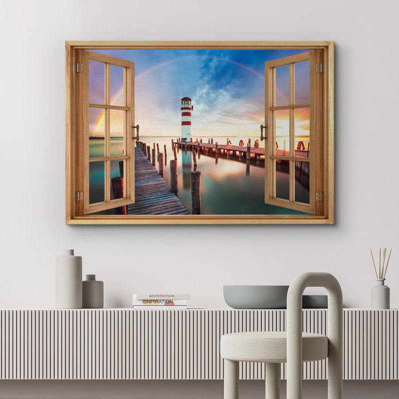 "Fenêtre, coucher de soleil, phare, jetée, nautique, décor côtier, images naturelles, décor, paysage rustique" sur toile