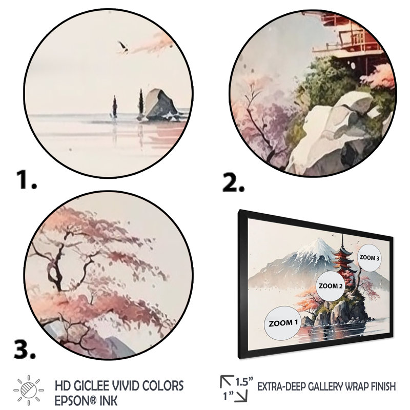 Paysage japonais à l'aquarelle I - Japon, art mural, Cadre simple noir, H 12 po x l 20 po x P 1 po