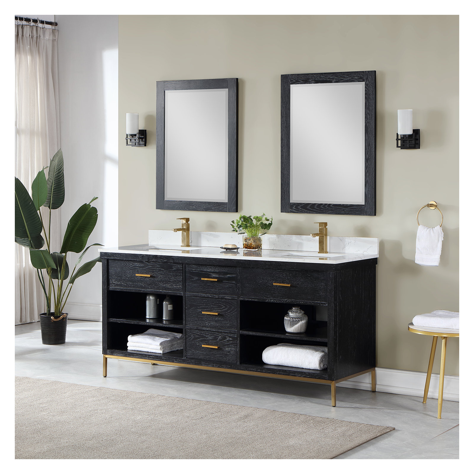 Kesia 72'' Double Bathroom Vanity, Black, Gold