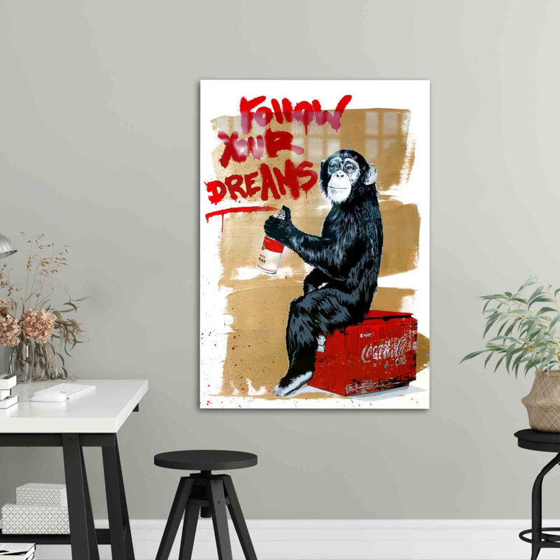Décoration murale de singe Street Graffiti sur verre pour la maison et le bureau, H 35,4 po x l 59,1 po