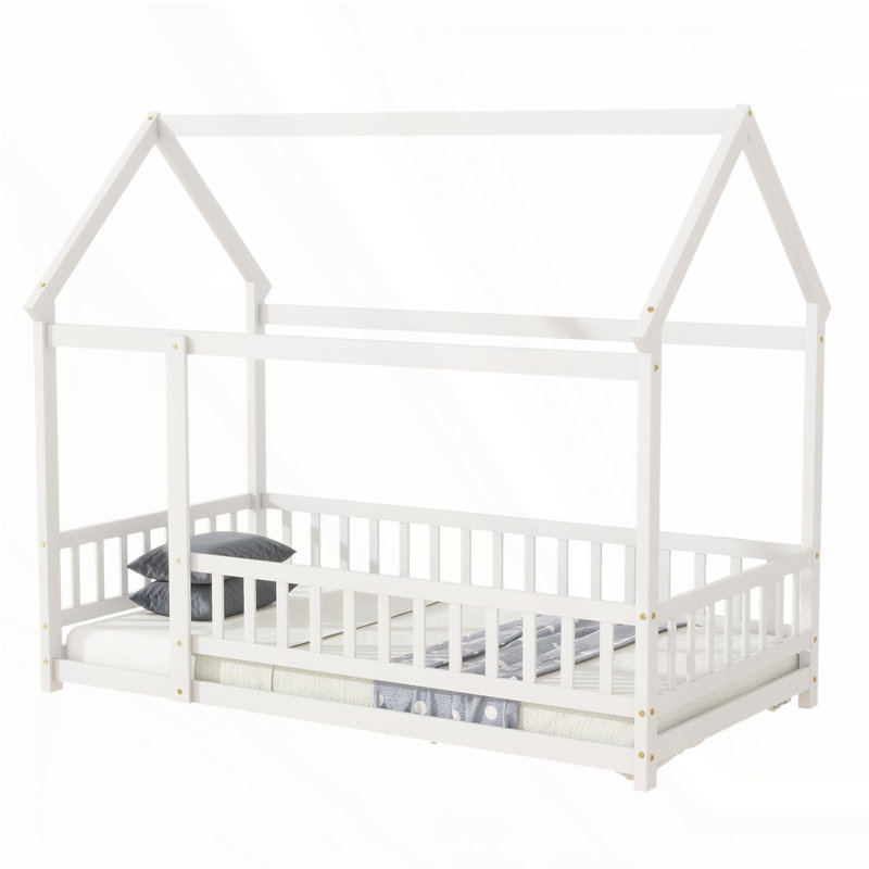 Lit en bois avec structure de toit House House, Simple, Blanc