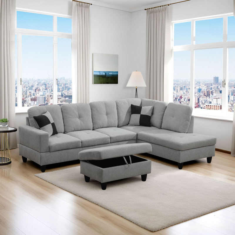 Larelle 103.5" Wide  Sofa & Chaise, Right Hand Facing, Gray White Flannelette