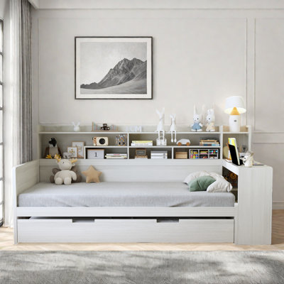 Multifunctional Wooden Daybed With Storage Shelves, Study Desk And Trundle