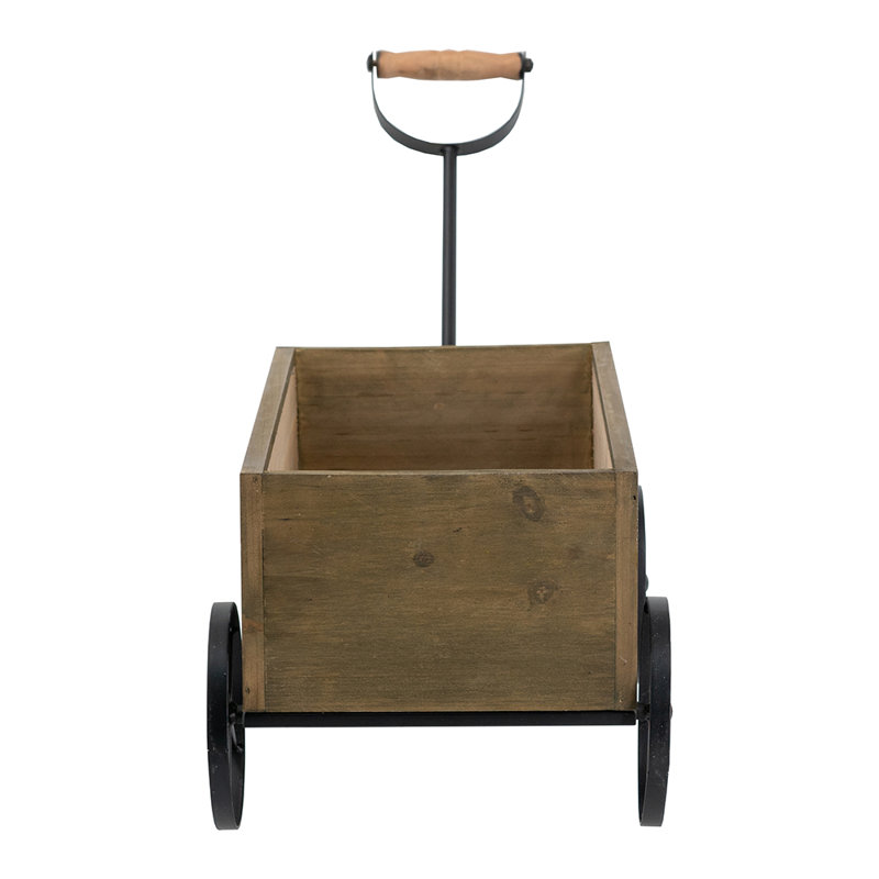 Chariot rustique 42 x 24 x 20 cm, jardinière en sapin et métal, brun et noir