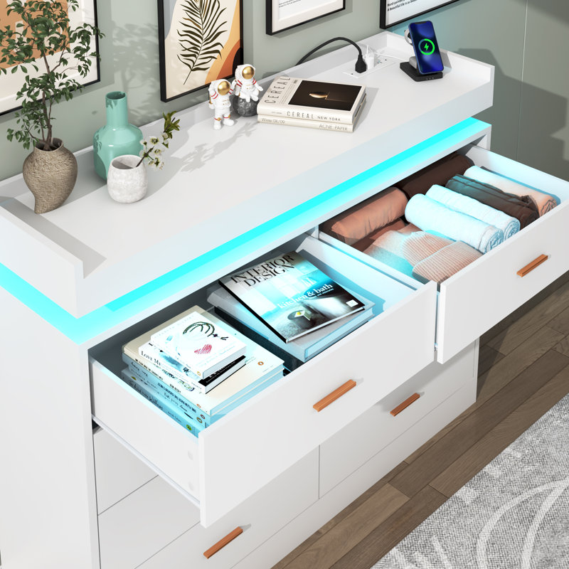 8 Drawer 47.29" W Dresser With LED Light, Sockets, Type-C Port And USB Port, White