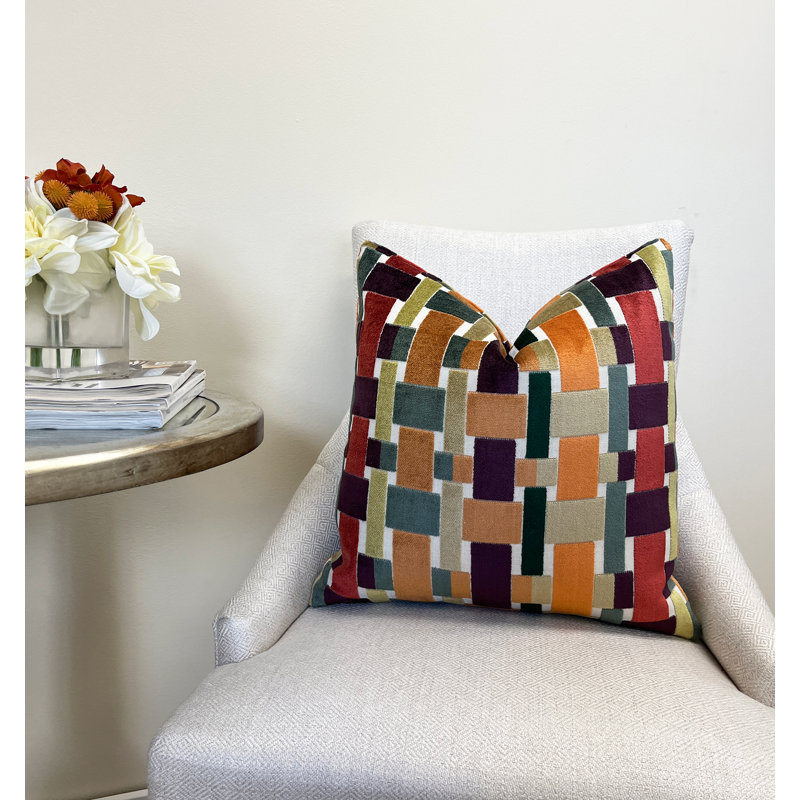 Housse de coussin en velours Ava, Orange géométrique, H 20 po x l 20 po
