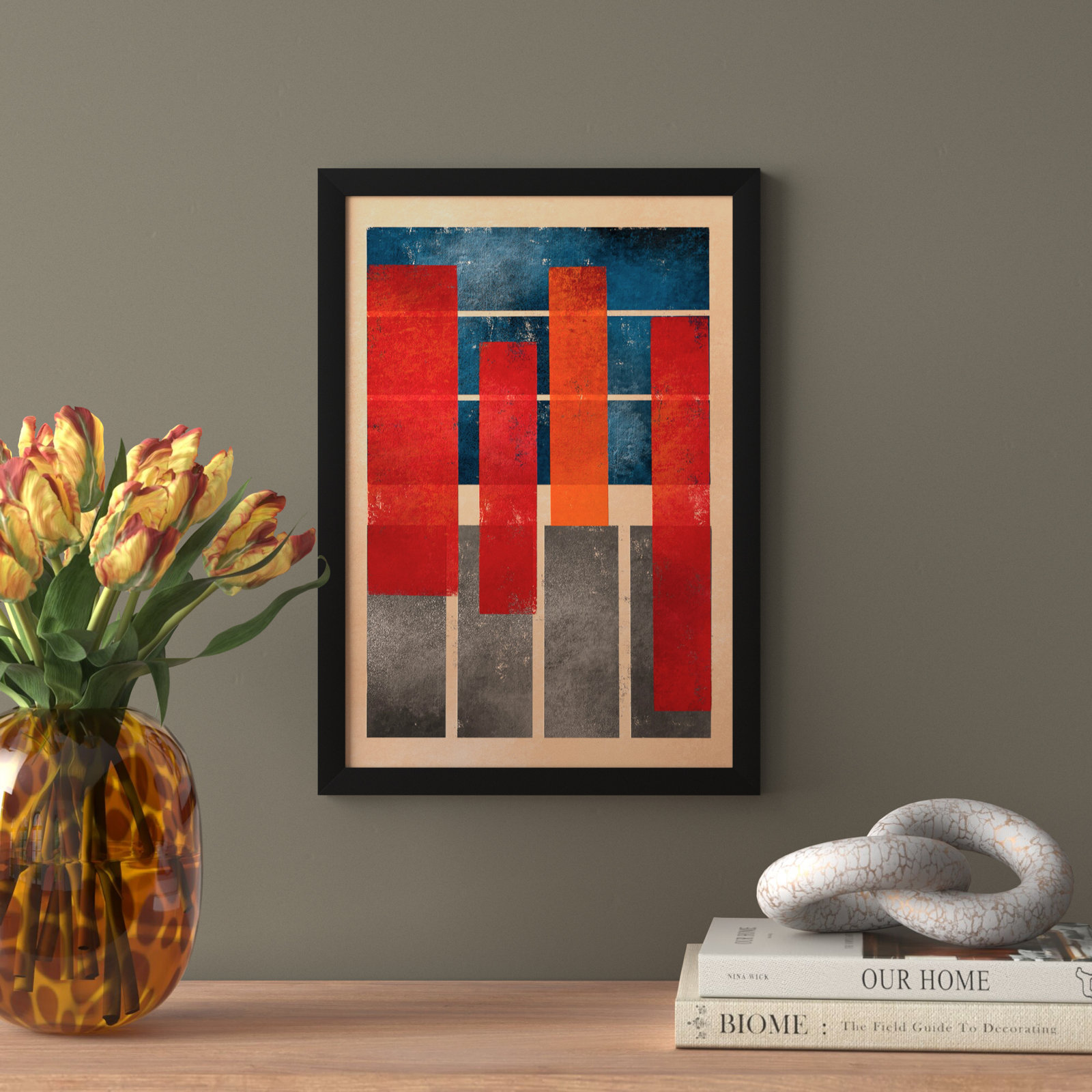Geometric Red and Blue Print by Oliver Gal, 17" H x 12" W, Black