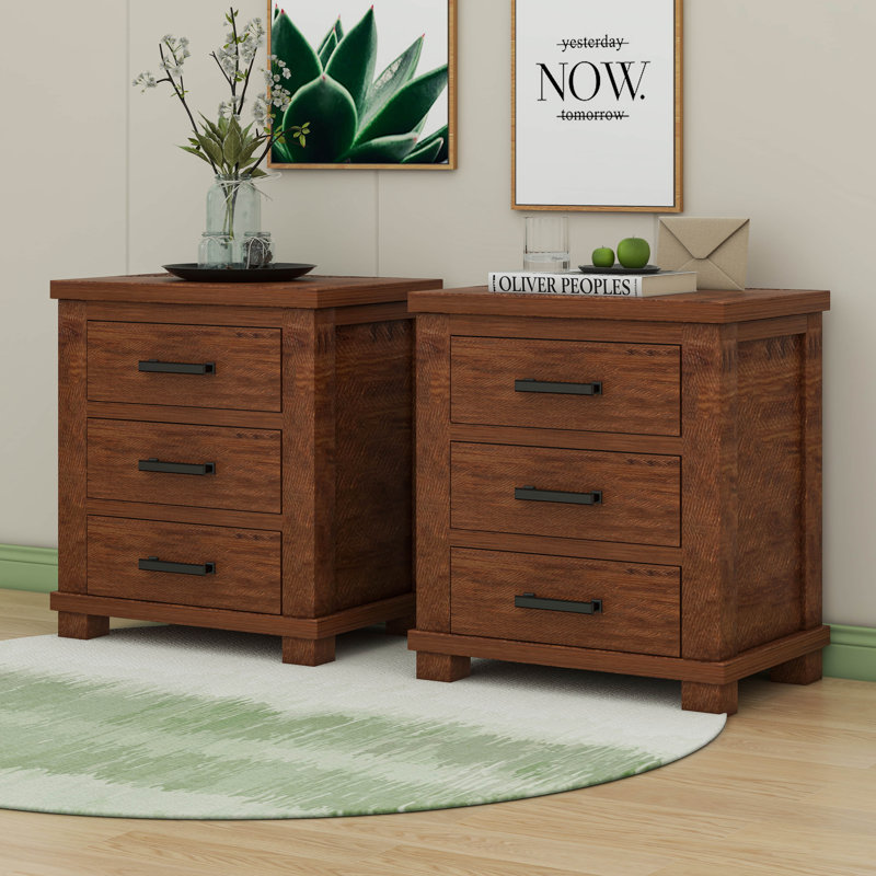 Rustic Three Drawer Reclaimed Solid Wood Farmhouse Nightstand Set Of Two