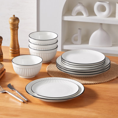 12-Piece White Ceramic With Black Rims Dinnerware Set - Modern Ribbed Relief Tableware Service For 4, Includes Dinner Plates, Salad Plates & Bowls - Holiday, Wedding & Dinner Party Essentials