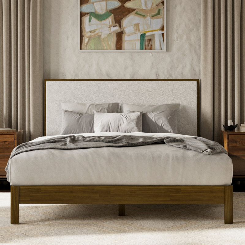 Luca solid wood boucle upholstered headboard bed frame, Noyer, Grand lit