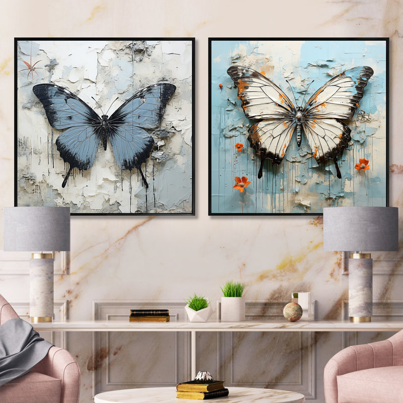 Urban Butterflies Graffiti Accents - Ensemble de 2 insectes et insectes carrés, Cadre flottant noir, H 16 po x l 33 po