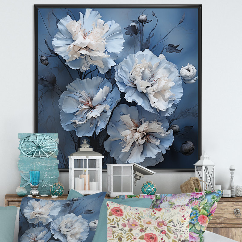 Arrangement d'œillets blanc et bleu III sur toile, H 36 po x l 36 po x P 1,5 po, Cadre flottant noir