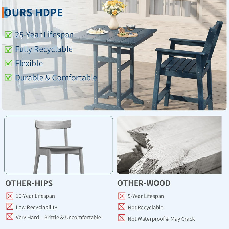 Outdoor Slatted Bar Table and Chairs Set for 5, 5-Piece Bar Height Table and Chairs with Umbrella Hole and Footrest, HDPE All-Weather Patio Bar Set for Balcony, Backyard, Poolside