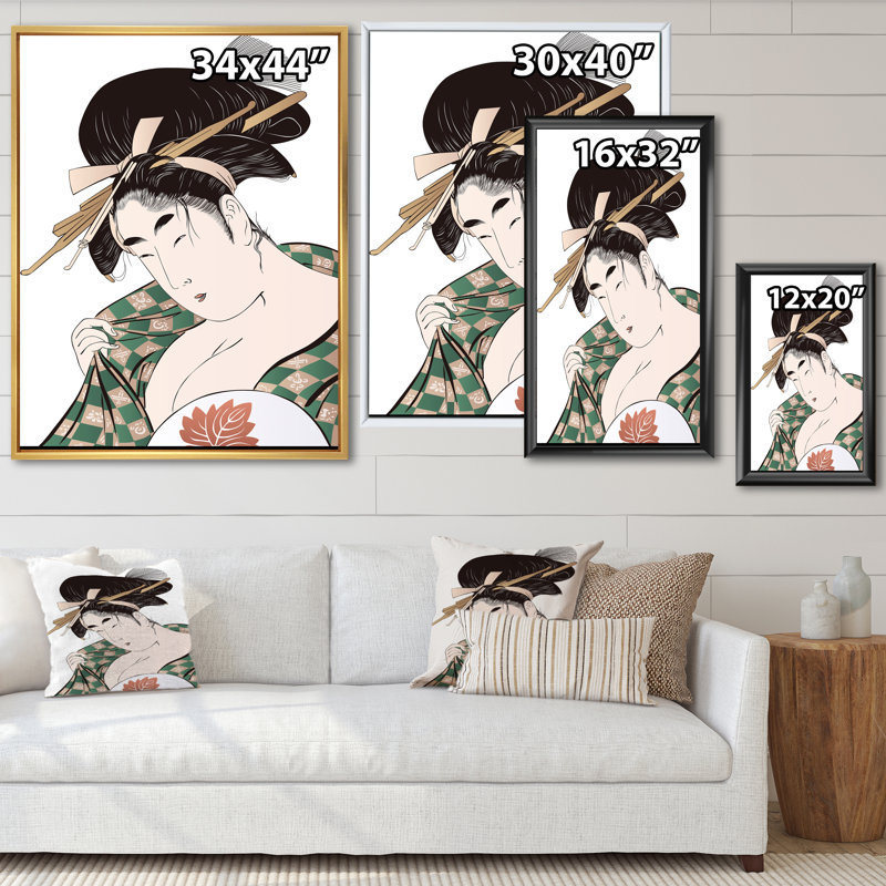 Femme japonaise Ukiyo-E - Peinture sur toile, Cadre flottant doré, H 32 po x l 24 po x P 1 po