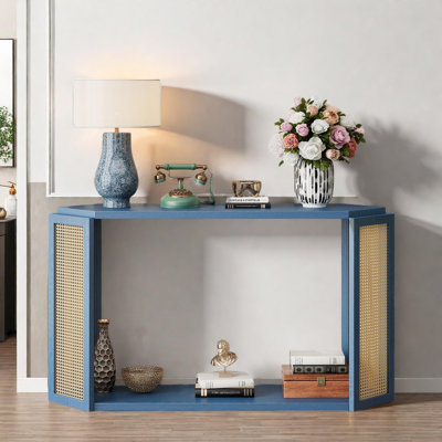 Eye-catching Console Table With Arrow-shaped Design, An Open Shelf And Rattan Side