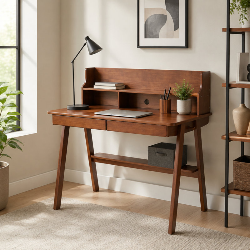 Bureau d'écriture en bois massif avec 2 tiroirs, huche et tablette de rangement inférieure