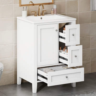 Meuble-lavabo 24 po avec lavabo et tiroirs, meuble-lavabo autoportant avec plateau en céramique et tablettes de rangement, panneau de fibres à densité moyenne et structure en bois massif, meuble-lavabo moderne pour petites salles de bain