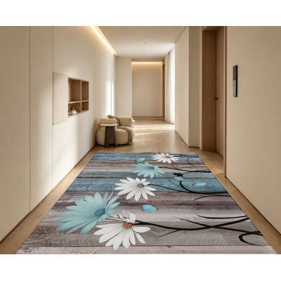 Tapis floral rétro bleu et blanc, motif de fleurs de grain de bois naturel, tapis antidérapant doux et durable lavable à la machine, décoration intérieure élégante pour le salon, la chambre à coucher, le vestibule, la cuisine, le balcon et l’appartement