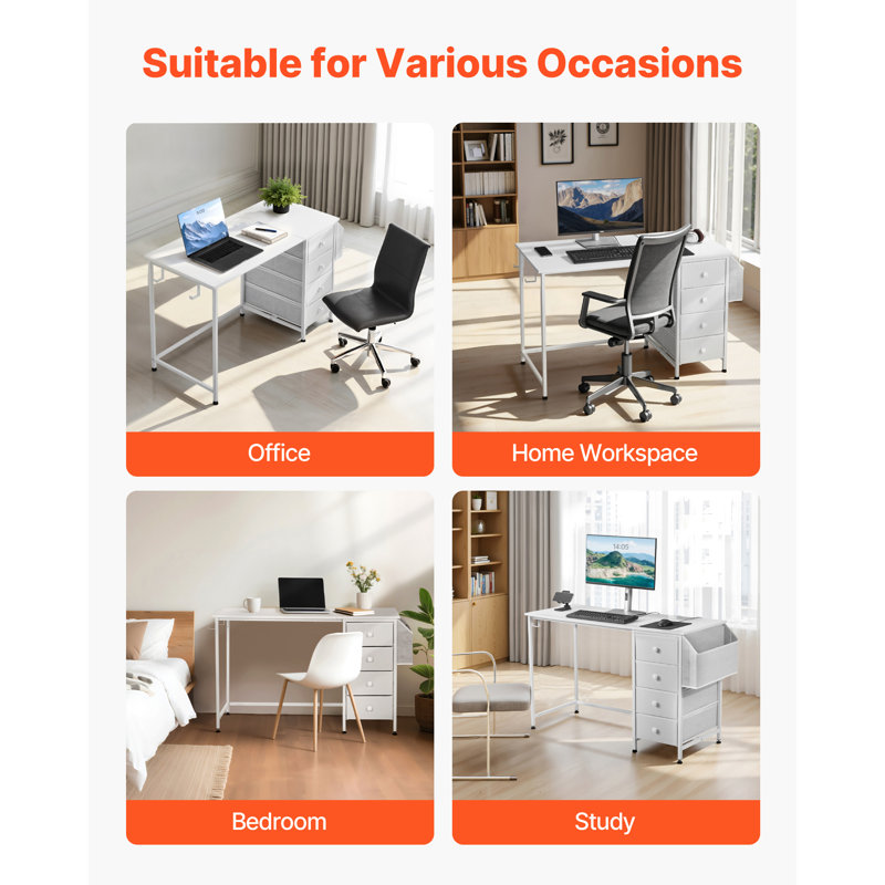 Bureau d'ordinateur avec tiroirs en tissu, bureau d'écriture réversible de 47 pouces pour la chambre à coucher avec bureau à domicile moderne, meuble de bureau simple et moderne avec cadre en métal, blanc