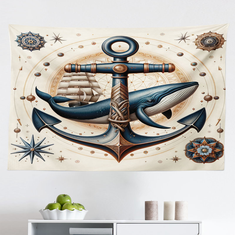17 Stories Nautical Wall Hanging Tapestry Mandala Astronomy Marine Dark Teal Redwood Ivory, H 30 po x l 45 po