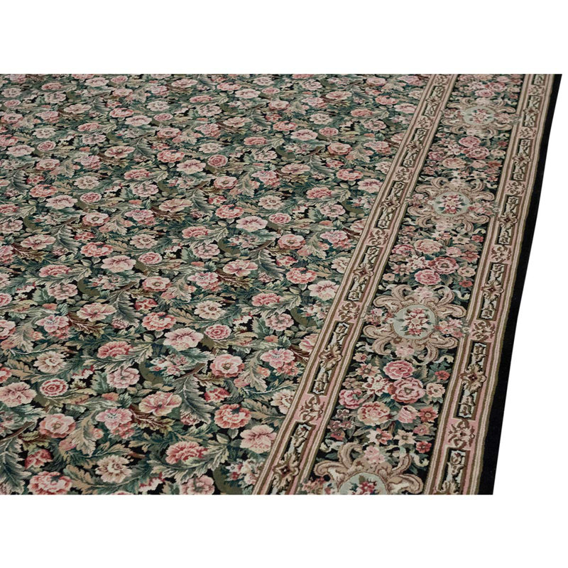 Tapis noir / vert / beige noué à la main de haute qualité