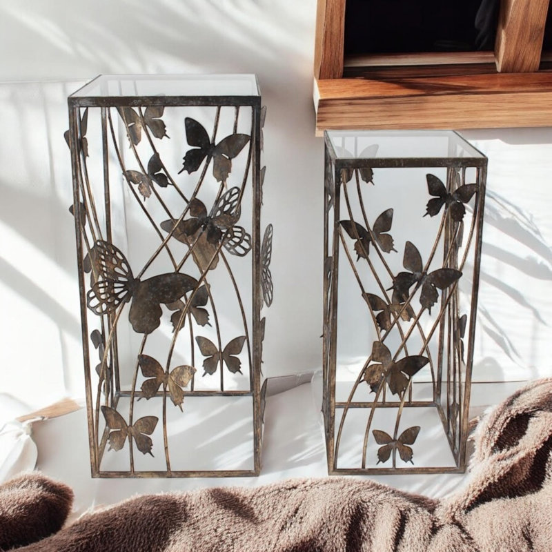 Modern Glass Top Side Table Set of 2 - Hand-Finished Accent Tables for Living Room, Bedroom and Lounge Spaces