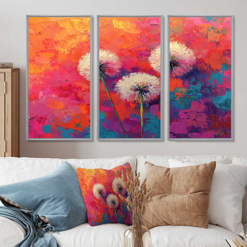 Neon Dandelion Burst in Bright Neon Pop Art II - Art mural pissenlit - ensemble de 3, H 40 po x l 60 po, Argent argent