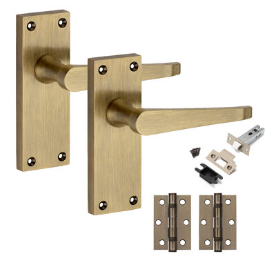 Golden Grace 1 Pair Victorian Design Straight Lever Door Handles Antique Brass Durable Metal Backplate Internal Latch Set with Hinges - 120 x 40mm