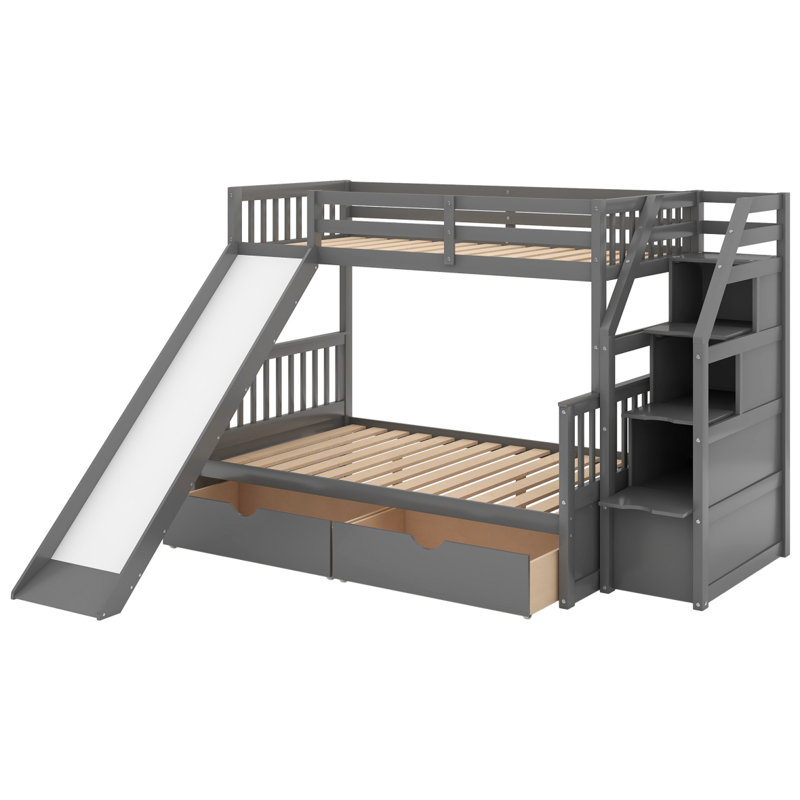 Lit simple superposé au dessus d'un lit double avec tiroirs, rangement et glissade, mobilier de chambre multifonction
