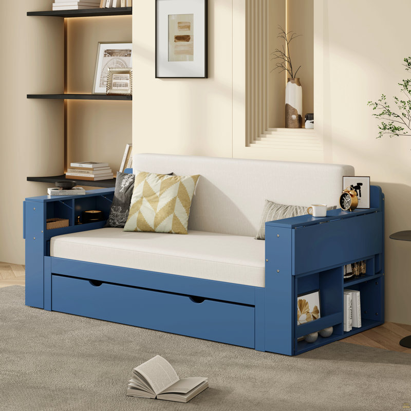 Lit de jour double avec bureau amovible, tiroirs de rangement et table d'appoint hydraulique, Bleu, Double