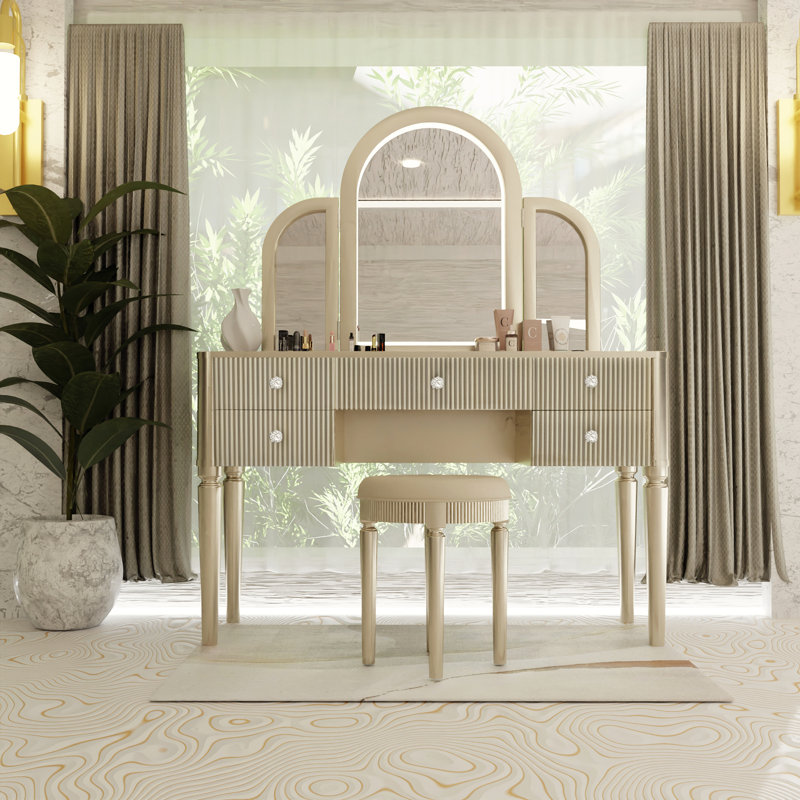 Ensemble de coiffeuse à miroir avec lumière DEL, ensemble de coiffeuse de chambre à coucher, Champagne