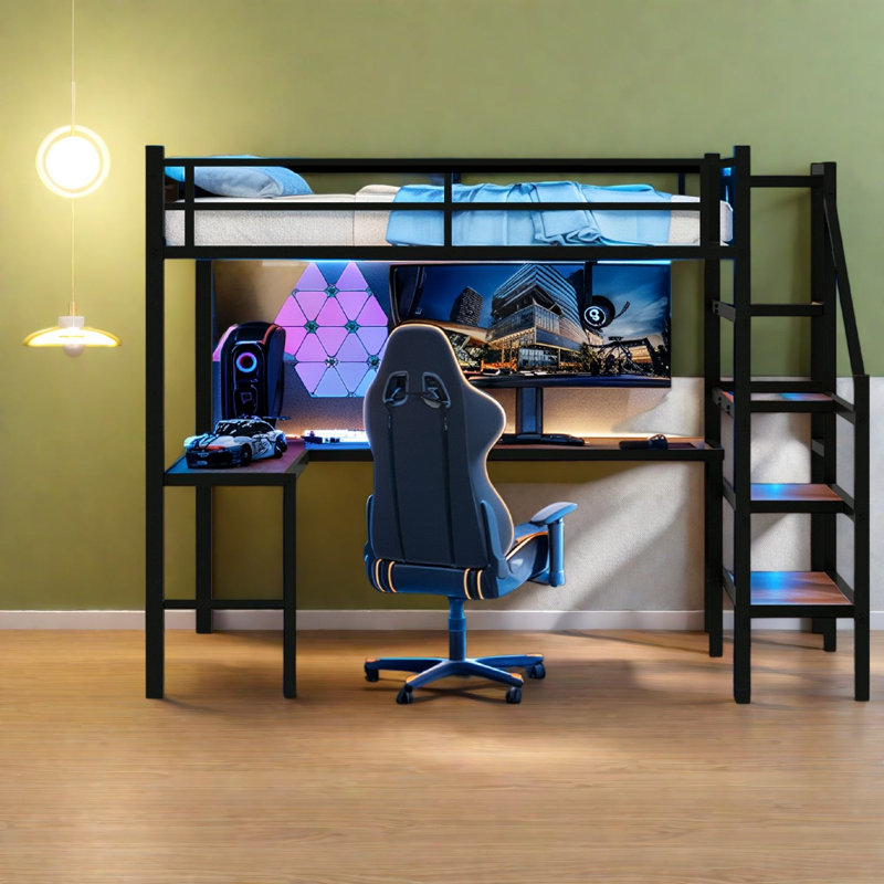 Lits gain d'espace avec rangement, lit mezzanine simple en métal et bois noir, style moderne