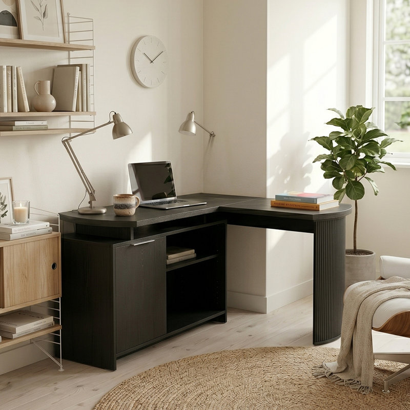 L-Shaped Credenza Desk, Black Oak