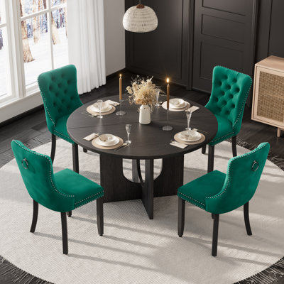 Wooden Farmhouse Dining Table Set, Round Dining Table with Tufted Velvet Dining Chair for Dining Room