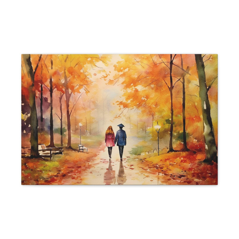 Couple tenant une main qui marche, paysage naturel, peinture à l'aquarelle sur toile, H 12 po x l 18 po
