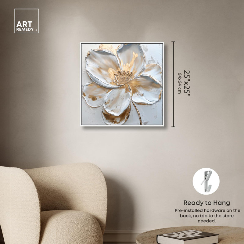«Ivory White II», art floral élégant par Art Remedy, Cadre flottant blanc, H 25 po x l 25 po x P 1,8 po