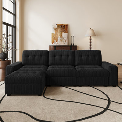Corduroy Tufted 3-Seat Sofa Spacious Seats L-Shaped Apartment Couch