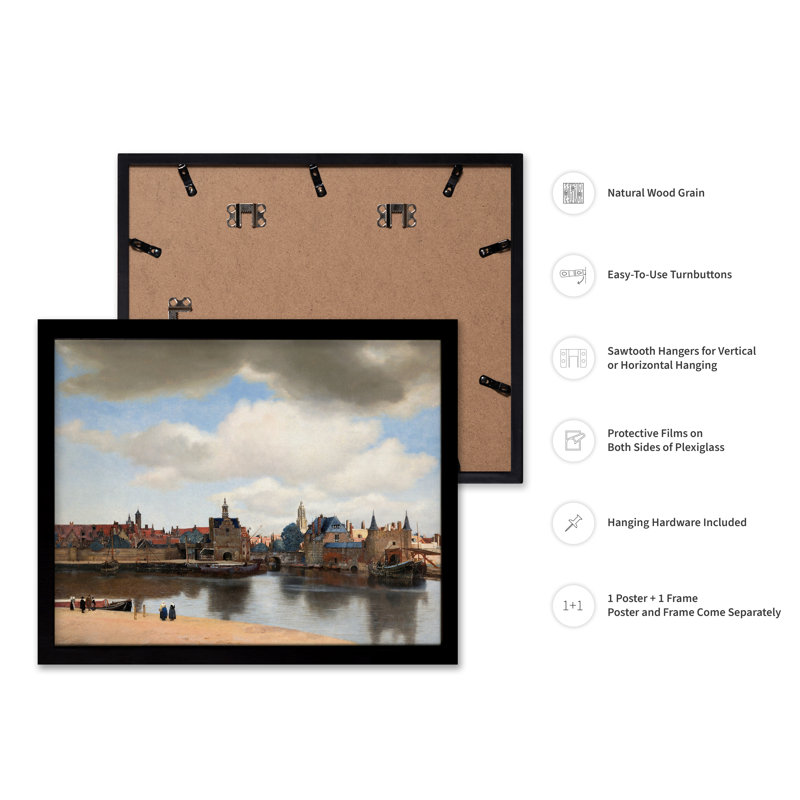Johannes Vermeer - Vue de Delft No1, H 16 po x l 20 po, Affiche, Cadre noir